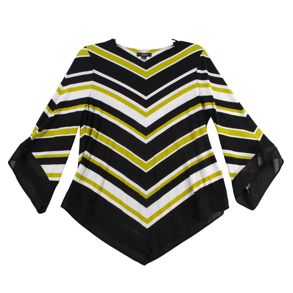 Alfani Womens Petite PM Blouse Black White Lime Green Chevron Stripe Bell Sleeve